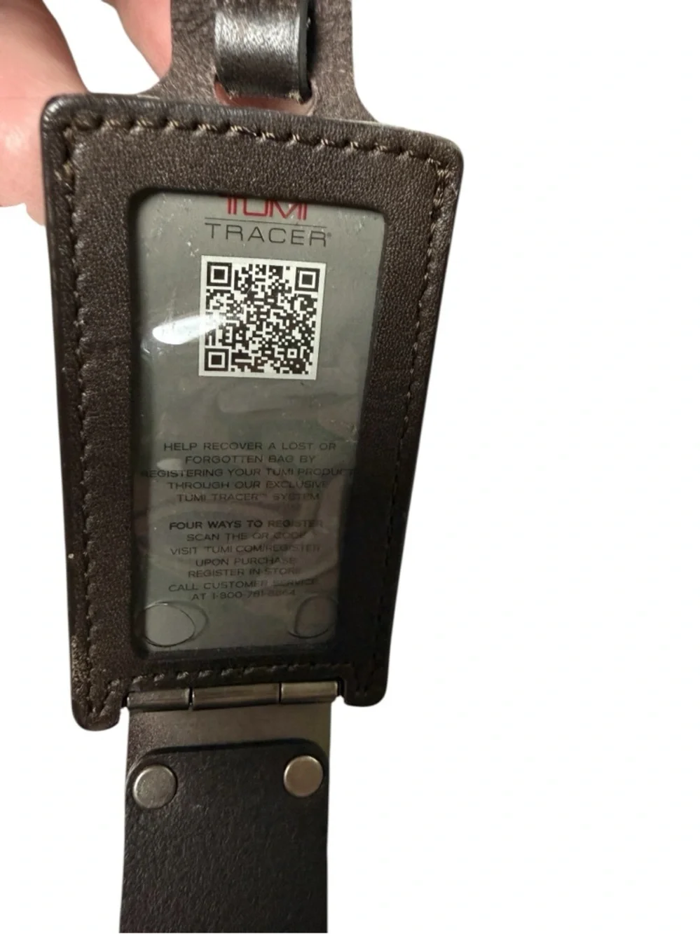 Tumi Black Leather Luggage Tag with Silver Hardware